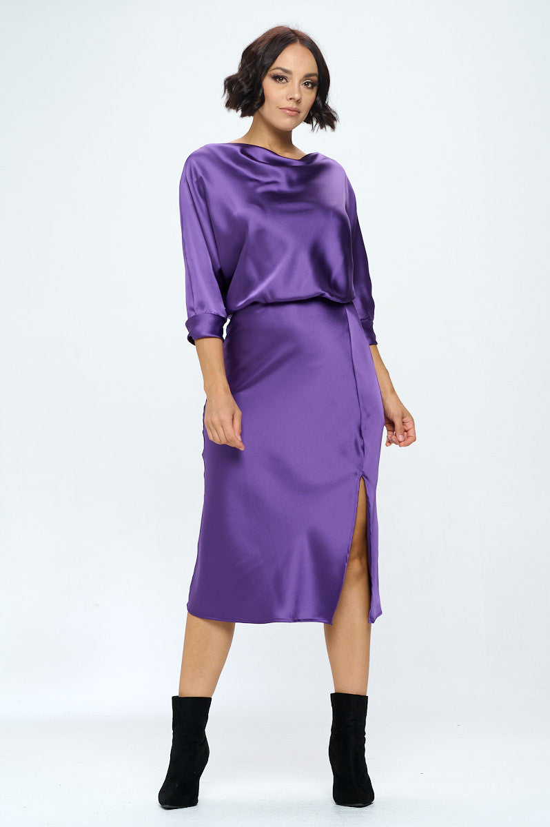 Stretch Satin Print 3/4 Sleeve Dress with Slit-Dresses-RENEE C.-Small-DARK PURPLE-Urbanheer