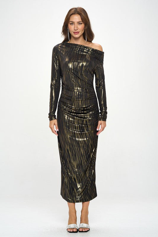 Off Shoulder Bodycon Midi Ruched Dress-Dresses-Renee C.-Small-BLACK/GOLD-Urbanheer
