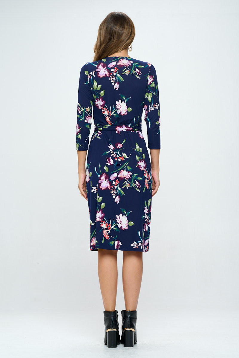 Floral Print V neck Jersey Wrap Dress with Tie-Dresses-RENEE C.-Small-NAVY-Urbanheer