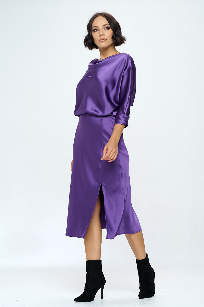Stretch Satin Print 3/4 Sleeve Dress with Slit-Dresses-RENEE C.-Small-DARK PURPLE-Urbanheer