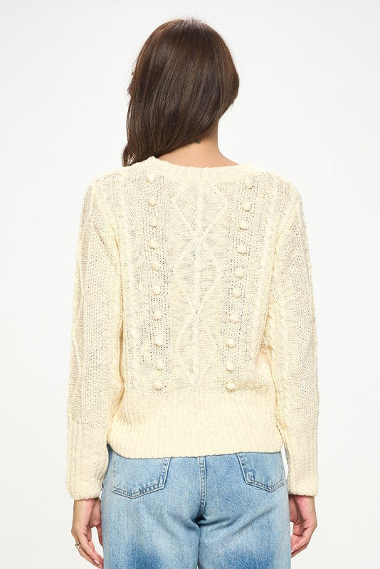 Knit Round Neck Pullover Sweater With Braid Detail-Sweaters-Renee C.-Small-IVORY-Urbanheer