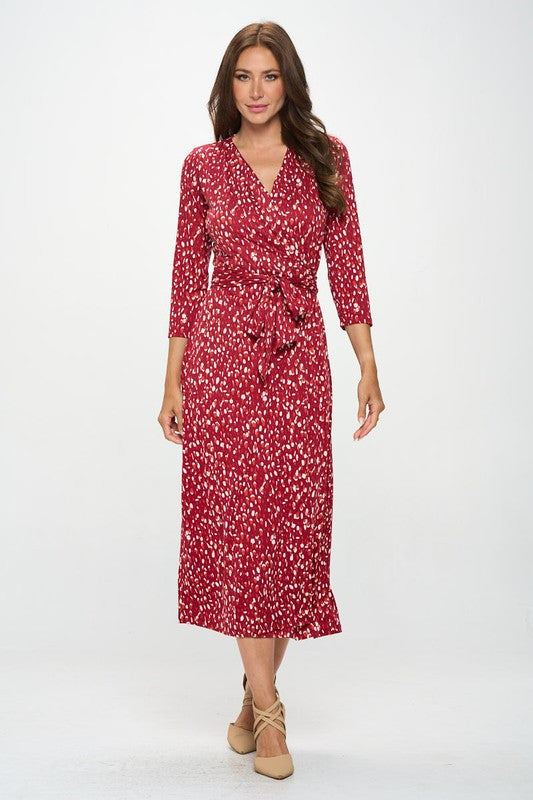 Brushed Knit Print V Neck Jersey Wrap Maxi Dress With Tie-Dresses-Heer Decor-Small-RED-Urbanheer