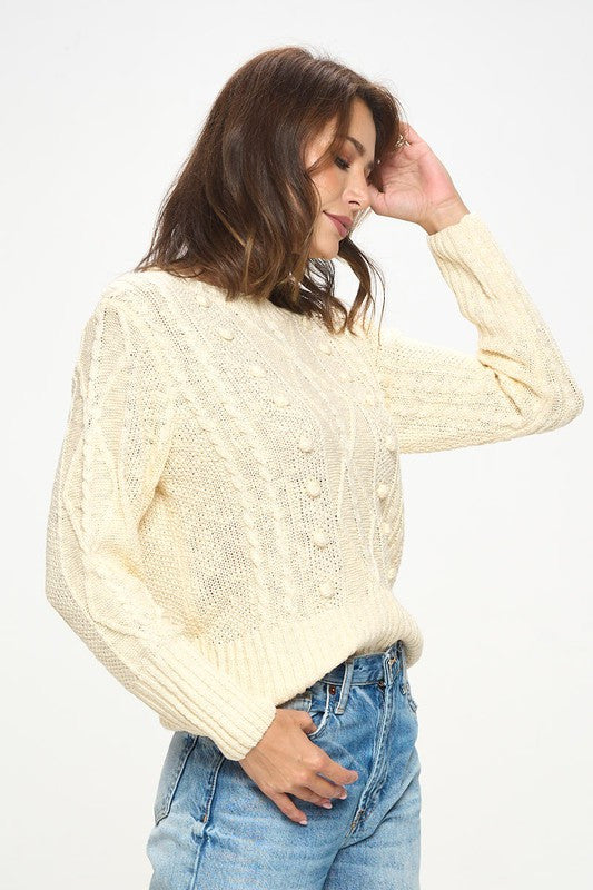 Knit Round Neck Pullover Sweater With Braid Detail-Sweaters-Renee C.-Small-IVORY-Urbanheer