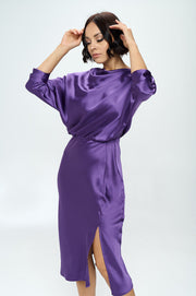 Stretch Satin Print 3/4 Sleeve Dress with Slit-Dresses-RENEE C.-Small-DARK PURPLE-Urbanheer