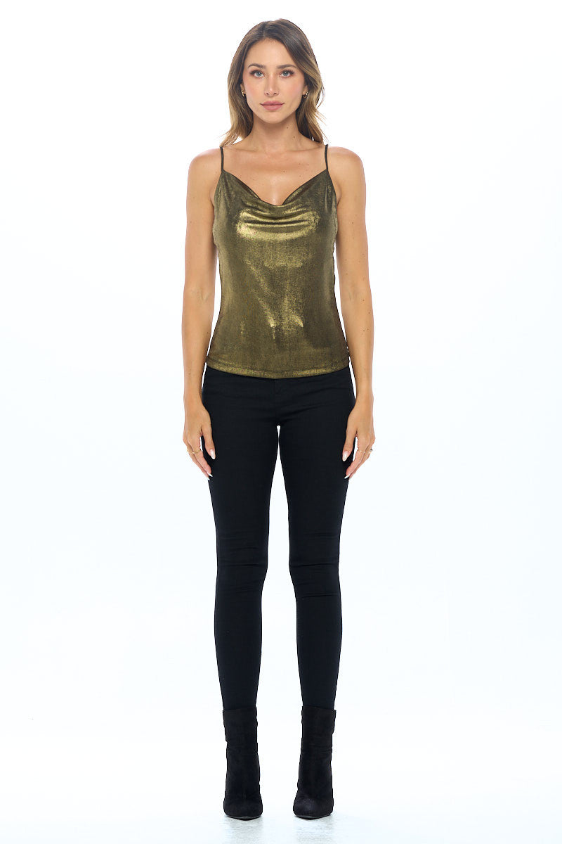 Lurex Metallic Knit Cowl neck Tank Top-Tops-RENEE C.-Small-BLACK/GOLD-Urbanheer