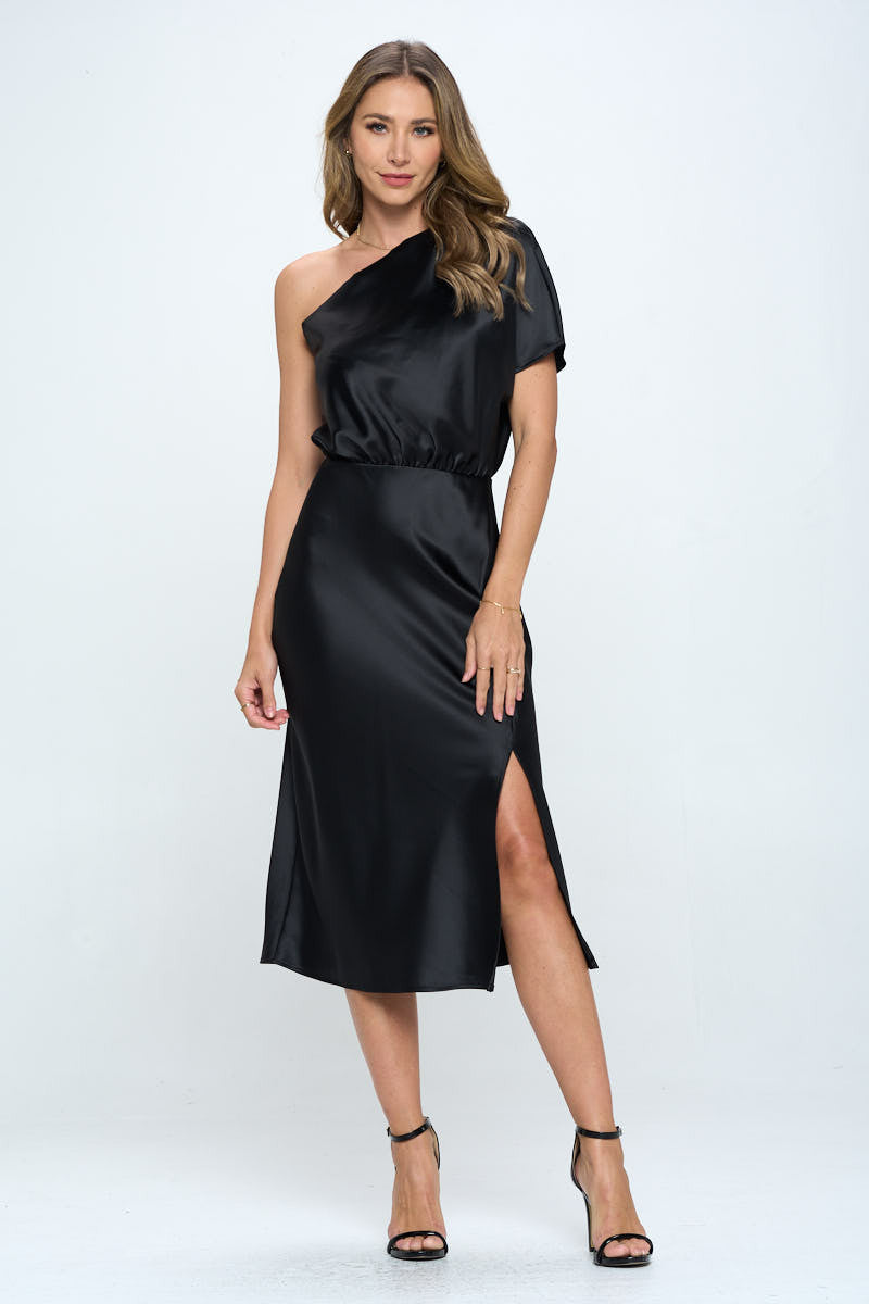 Stretch Satin One Shoulder Dress-Dresses-RENEE C.-BLACK-Small-Urbanheer