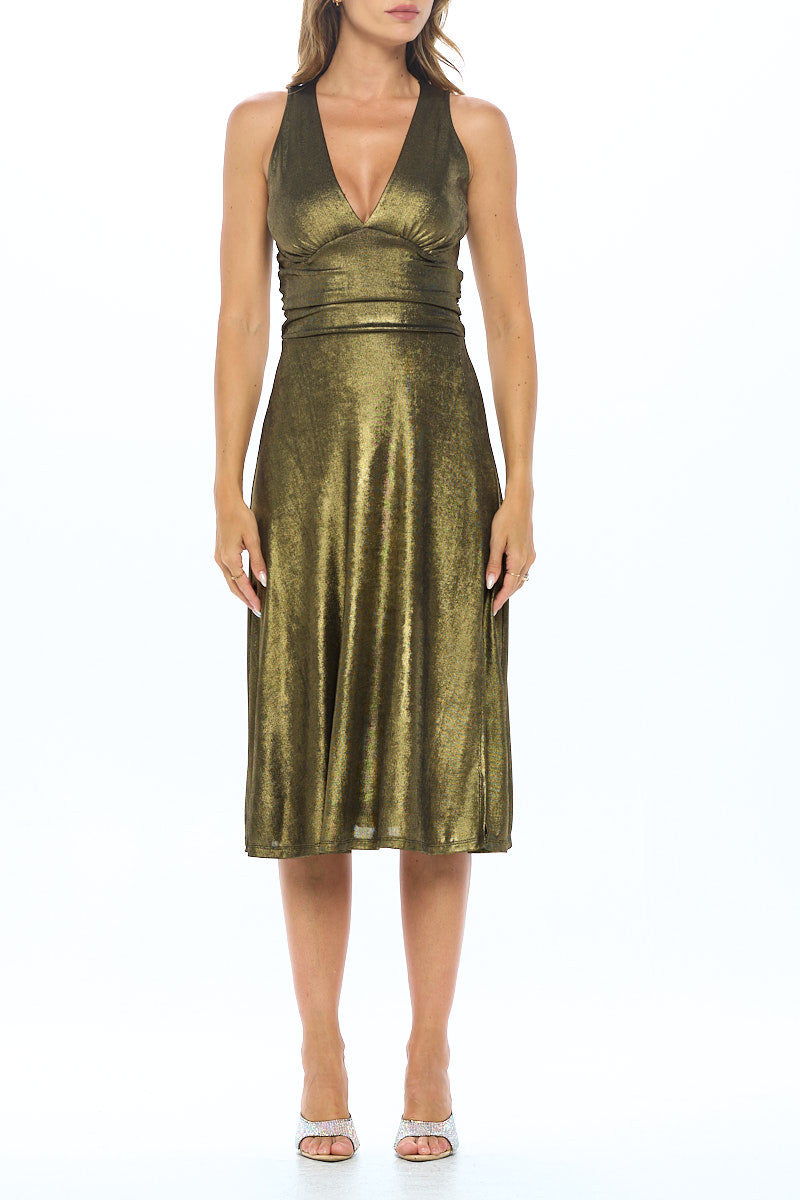 Metallic Solid Deep V Neck Lined Dress with Slit-Dresses-RENEE C.-Urbanheer