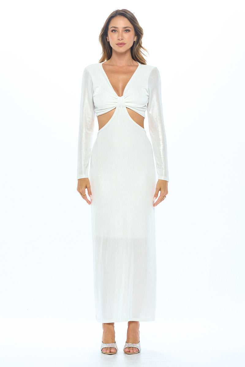 Lurex Metallic V neck Cutout Dress with Sli-Dresses-RENEE C.-Urbanheer