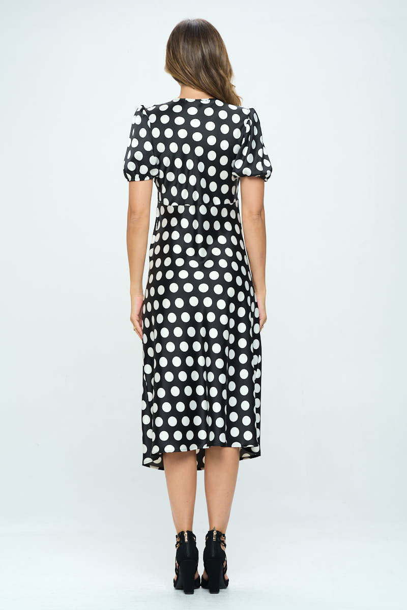 Stretch Satin Polka Dot Print Midi Dress-Dresses-RENEE C.-Urbanheer