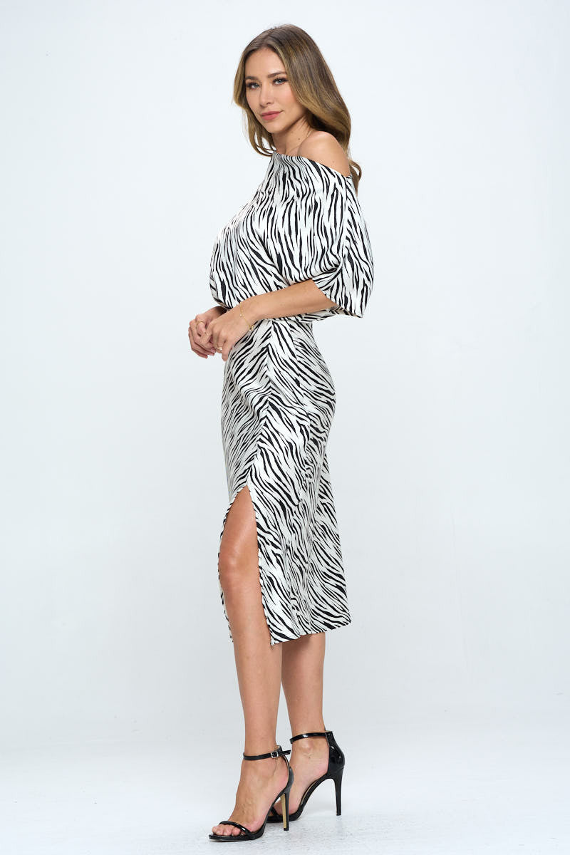 Zebra Print Dress with Slit-Dresses-RENEE C.-WHITE/BLACK-Small-Urbanheer