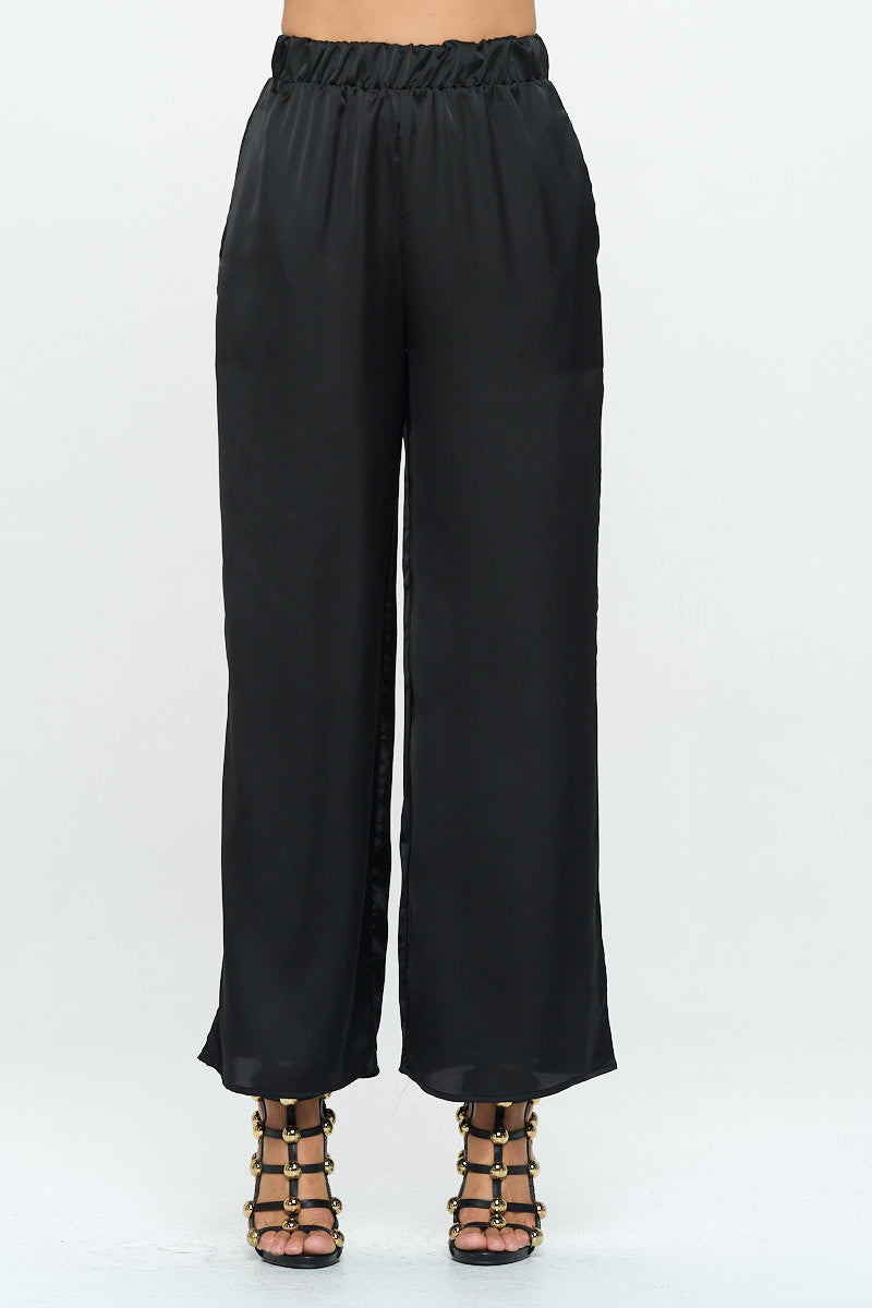 Stretch Satin Pants w/ Elastic Waist and Pocket-Pants-RENEE C.-Urbanheer