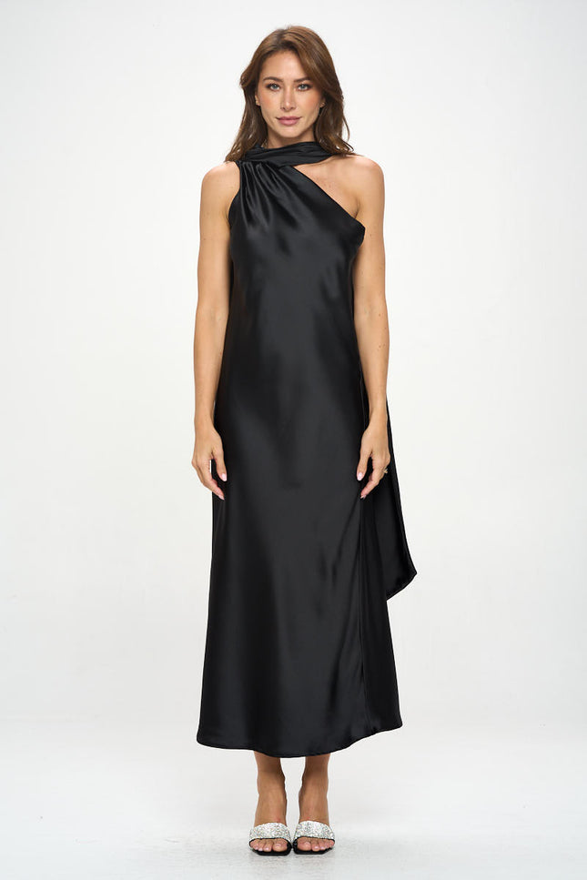 One Shoulder Satin Maxi Dress with Scarf Detail-2