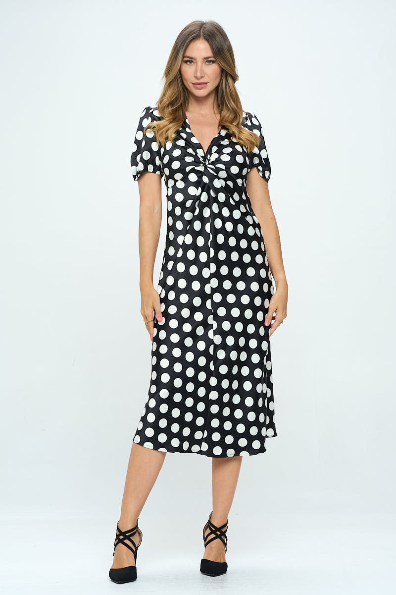 Stretch Satin Polka Dot Print Midi Dress-Dresses-RENEE C.-Urbanheer