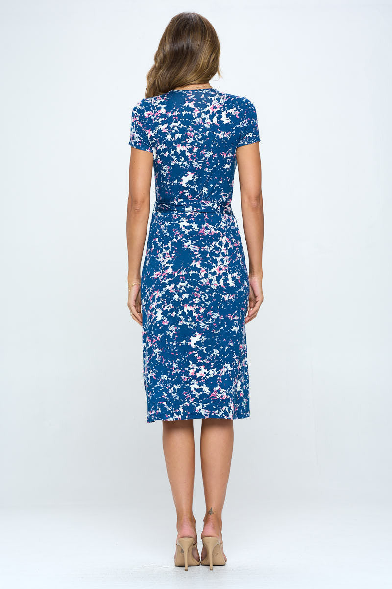 Print V neck Dress with Tie-All Products-RENEE C.-NAVY-Small-Urbanheer