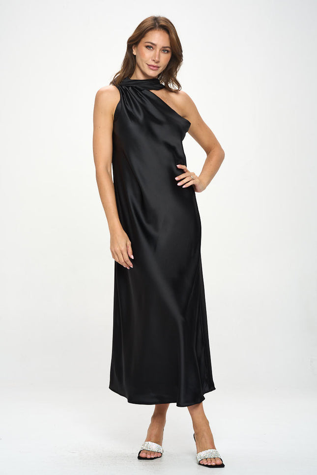 One Shoulder Satin Maxi Dress with Scarf Detail-1