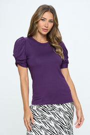 Solid Short Sleeve Top with Scrunched Sleeves-Tops-Reneecollection-Urbanheer