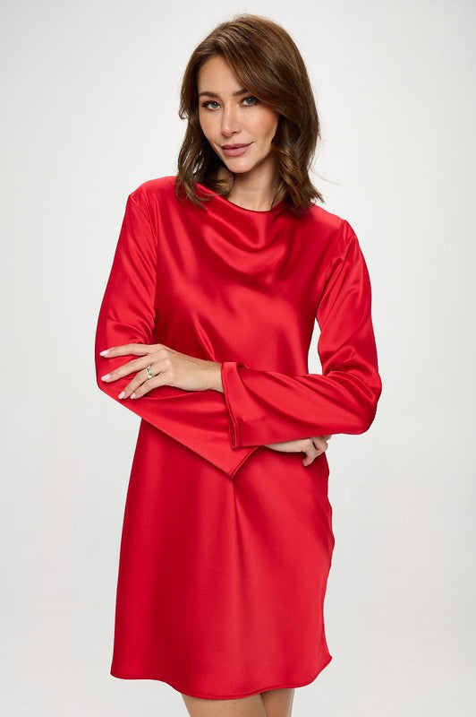 Satin Cowl Neck Long Sleeve Dress-Dresses-Renee C.-Small-RED-Urbanheer
