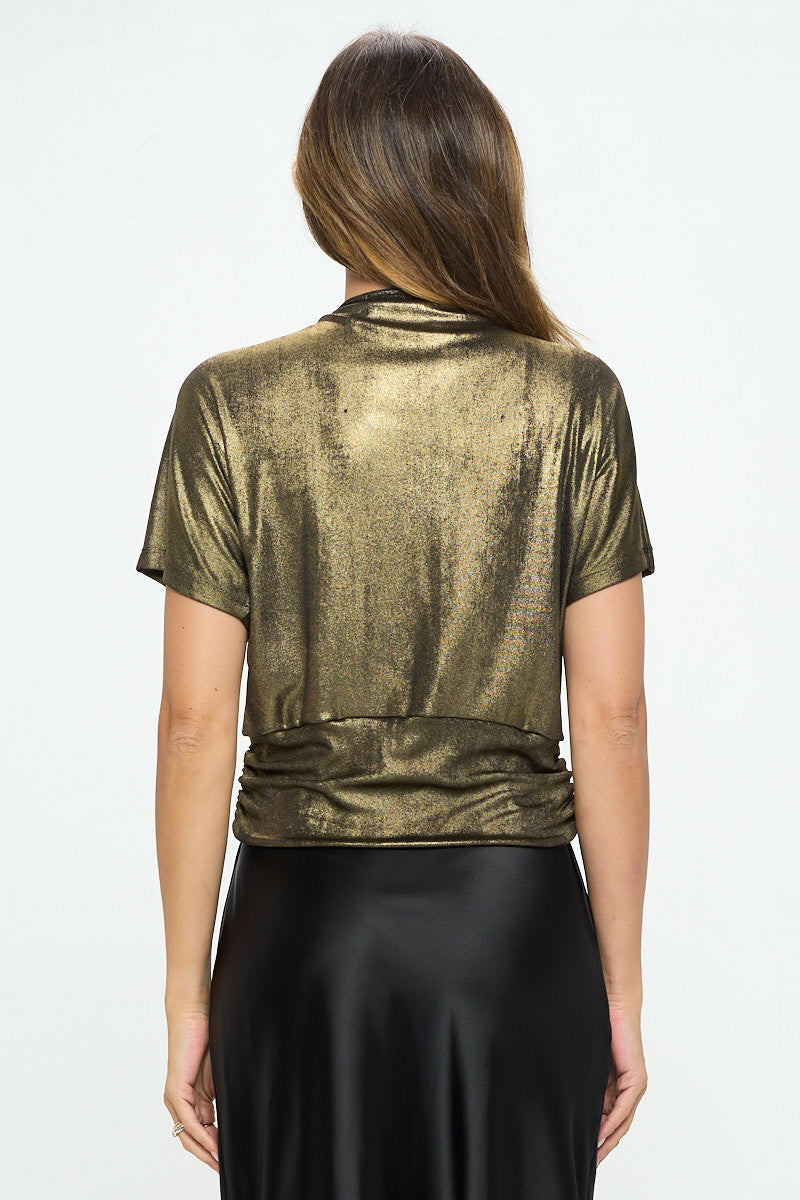 Metallic Short Sleeve Top with Front Twist-Tops-RENEE C.-Urbanheer