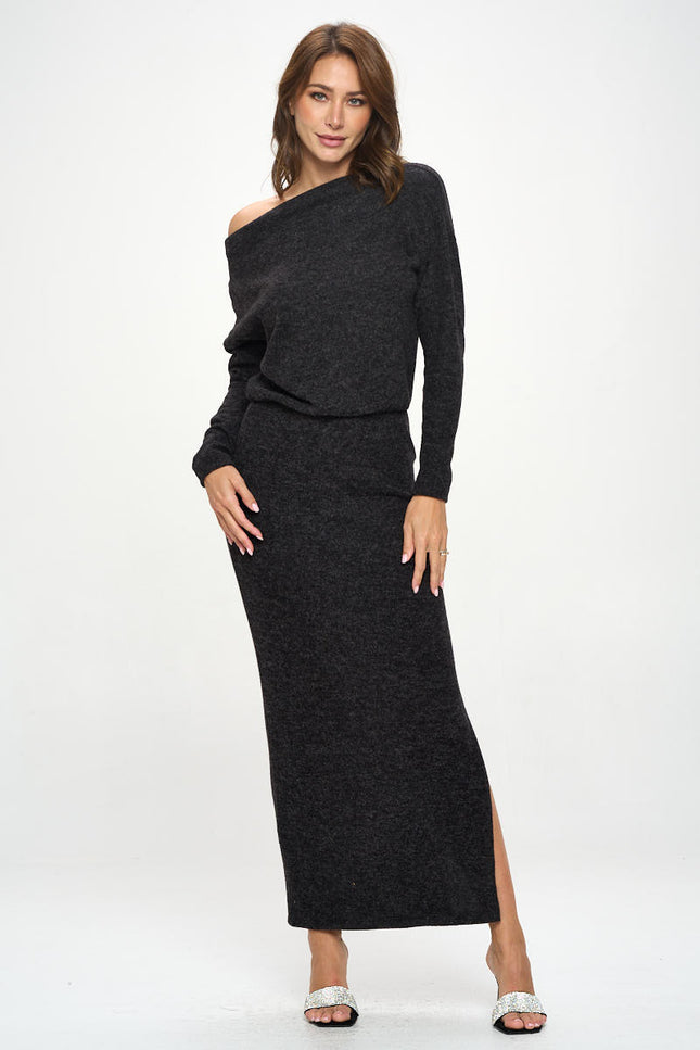 Knit Charcoal Maxi Dress With Dolman Sleeve-Dresses-Renee C.-Urbanheer