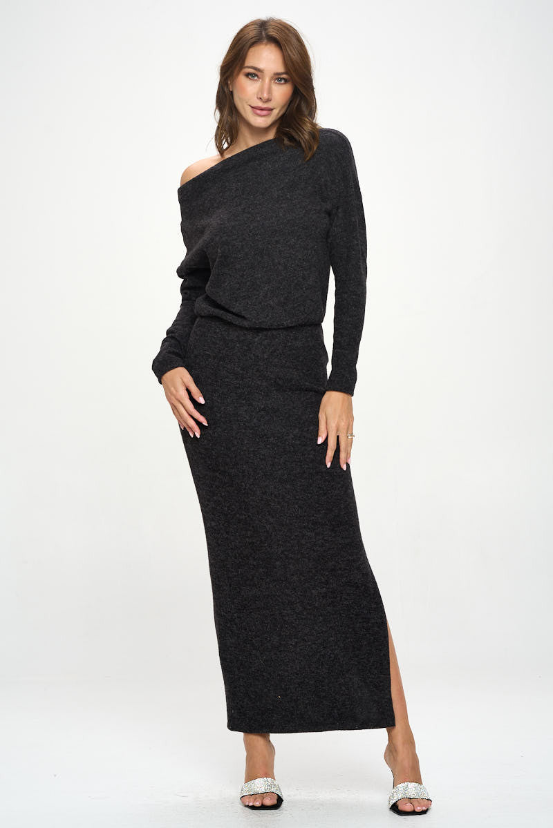 Knit Charcoal Maxi Dress With Dolman Sleeve-Dresses-Renee C.-Small-CHARCOAL-Urbanheer