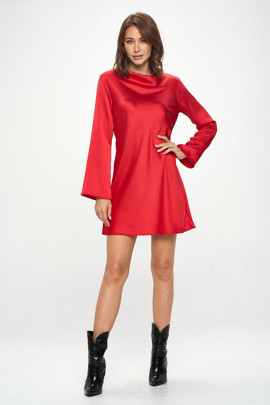 Satin Cowl Neck Long Sleeve Dress-Dresses-Renee C.-Small-RED-Urbanheer