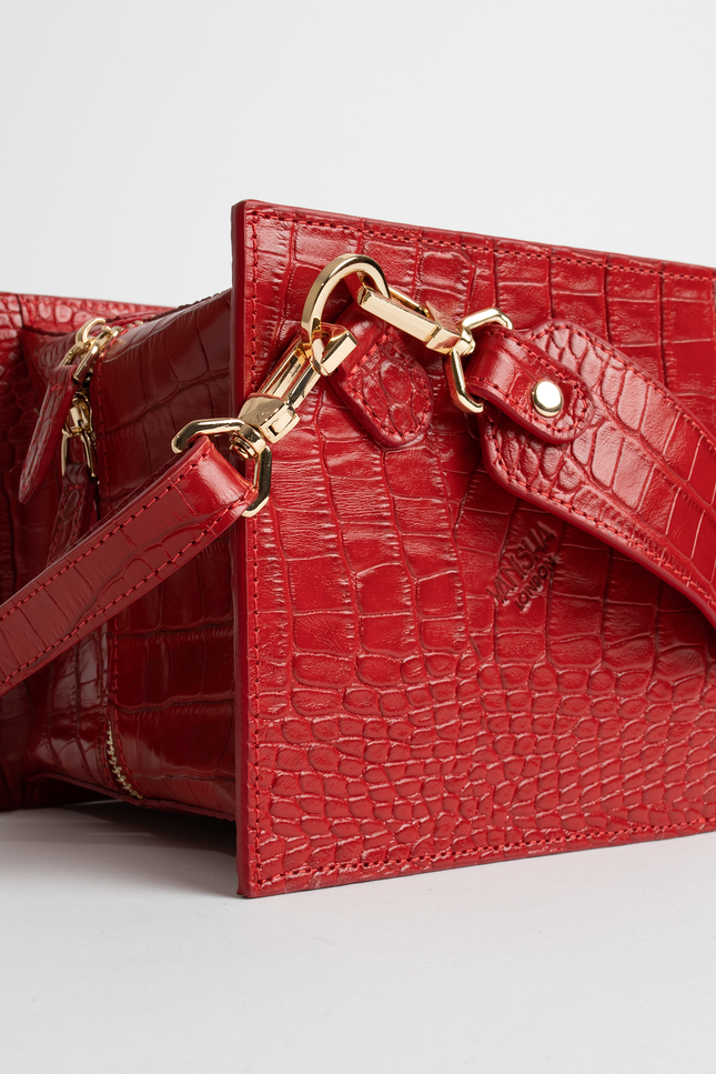 Lola Bag In Ruby Red Crocodile Print-Vanisha London-Urbanheer