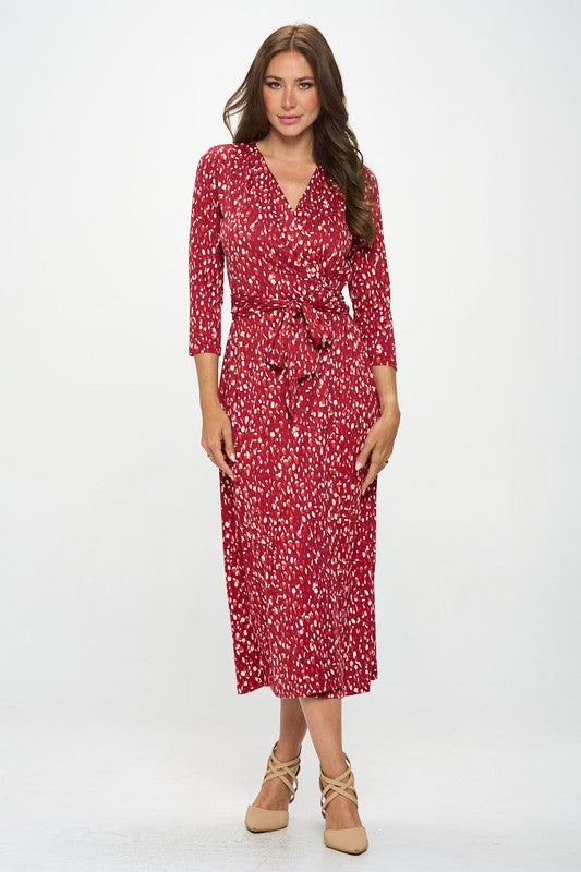 Brushed Knit Print V Neck Jersey Wrap Maxi Dress With Tie-Dresses-Heer Decor-Small-RED-Urbanheer