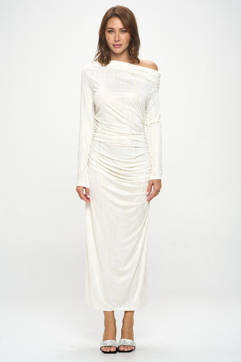 Off Shoulder Bodycon Midi Ruched Dress-Dresses-Renee C.-Small-IVORY/GOLD-Urbanheer