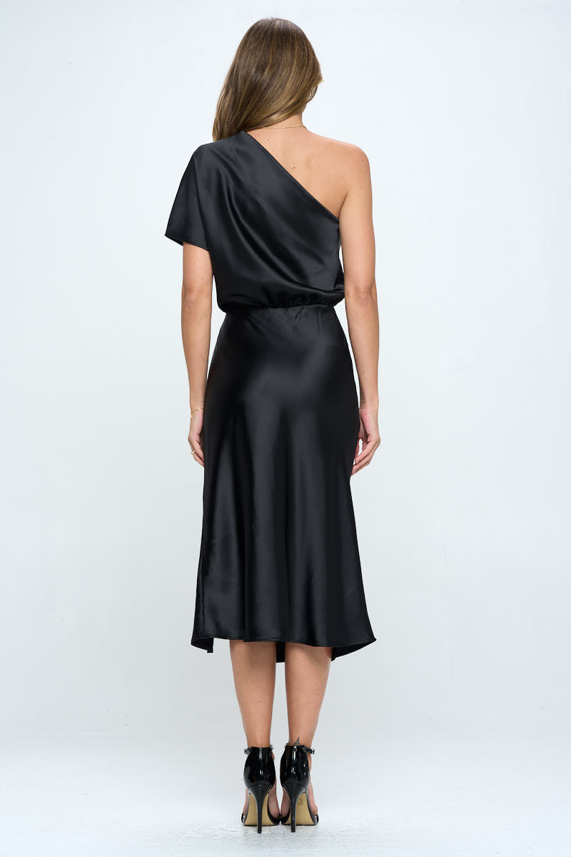Stretch Satin One Shoulder Dress-Dresses-RENEE C.-BLACK-Small-Urbanheer