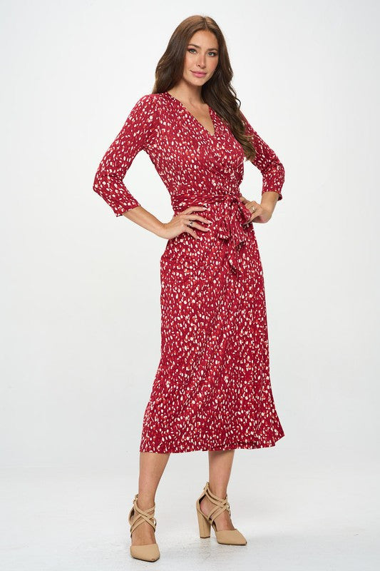 Brushed Knit Print V Neck Jersey Wrap Maxi Dress With Tie-Dresses-Heer Decor-Small-RED-Urbanheer