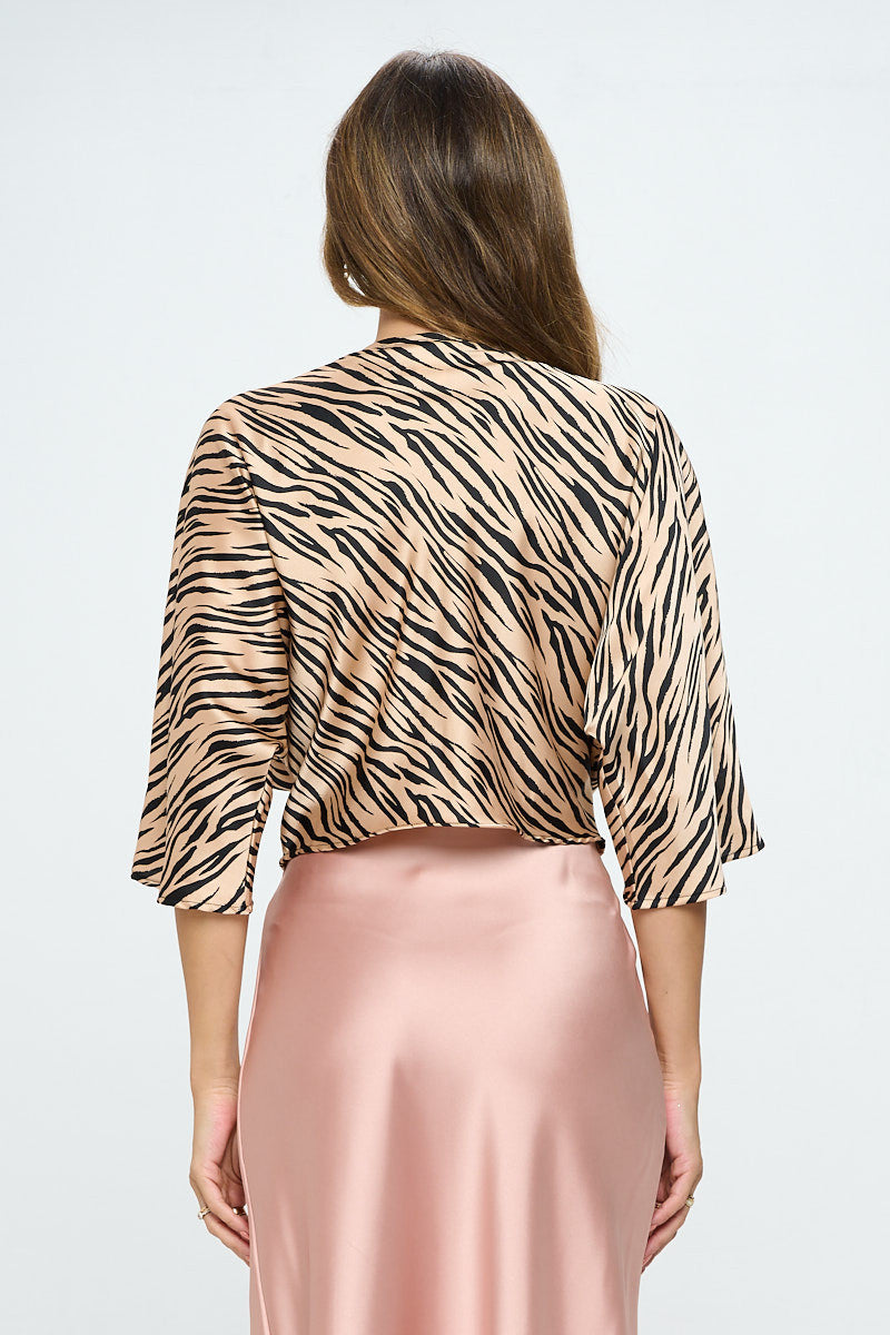 Print Satin Short Sleeve Top with Front Twist-Tops-RENEE C.-Small-TAUPE/BLACK-Urbanheer