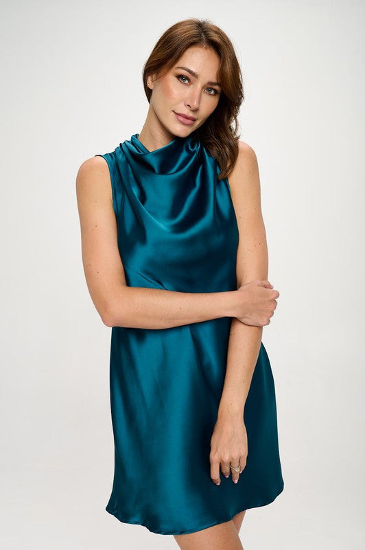 Satin Cowl Neck Sleeveless Dress With Bow Detail-Dresses-Renee C.-Urbanheer