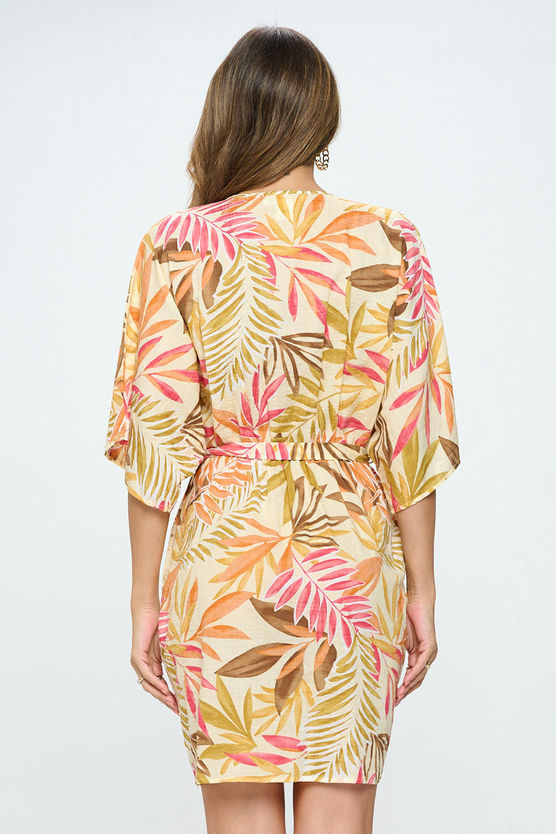 Tropical Print Kimono Style Dress with Tie-Dresses-RENEE C.-Small-TAUPE/ORANGE-Urbanheer