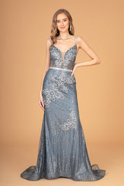 Floral Embroidery Glitter Mesh Mermaid Long Dress Jeweled Waist Band Glgl2889-PROM-GLSC-XS-CHAMPAGNE-Urbanheer