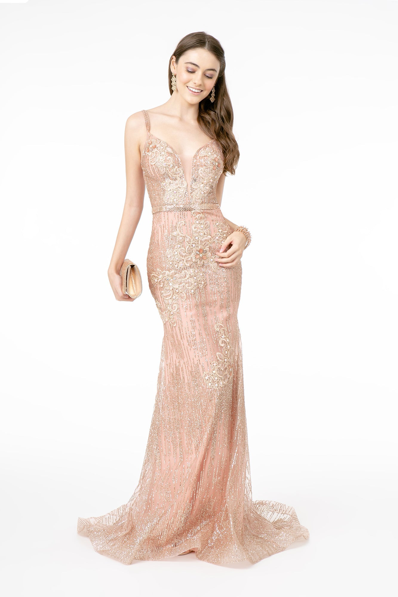 Floral Embroidery Glitter Mesh Mermaid Long Dress Jeweled Waist Band Glgl2889-PROM-GLSC-XS-CHAMPAGNE-Urbanheer