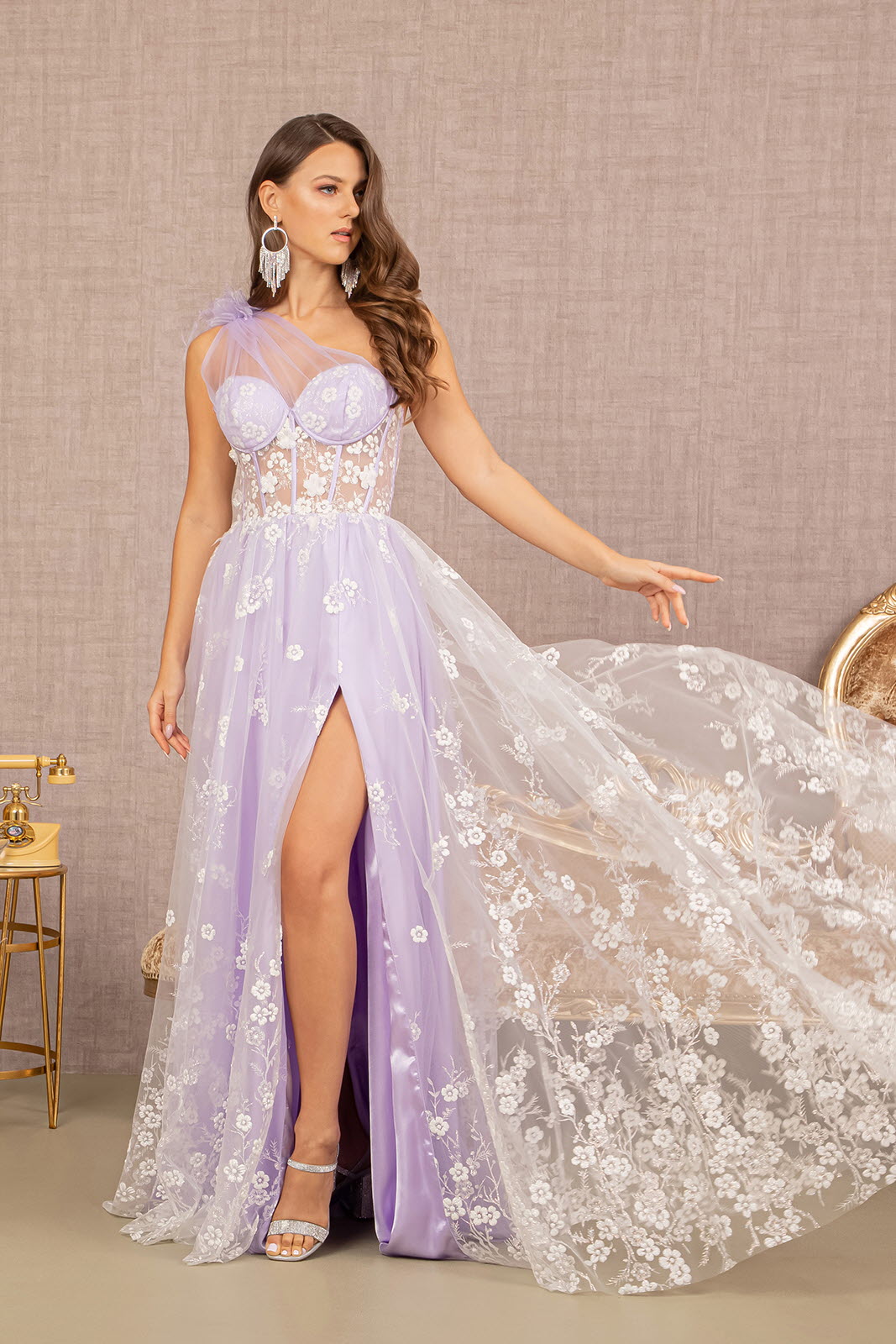 Feather Sheer Bodice Asymmetric A-Line Dress Flower Applique Glgl3134-PROM-GLSC-M-LAVENDER-Urbanheer