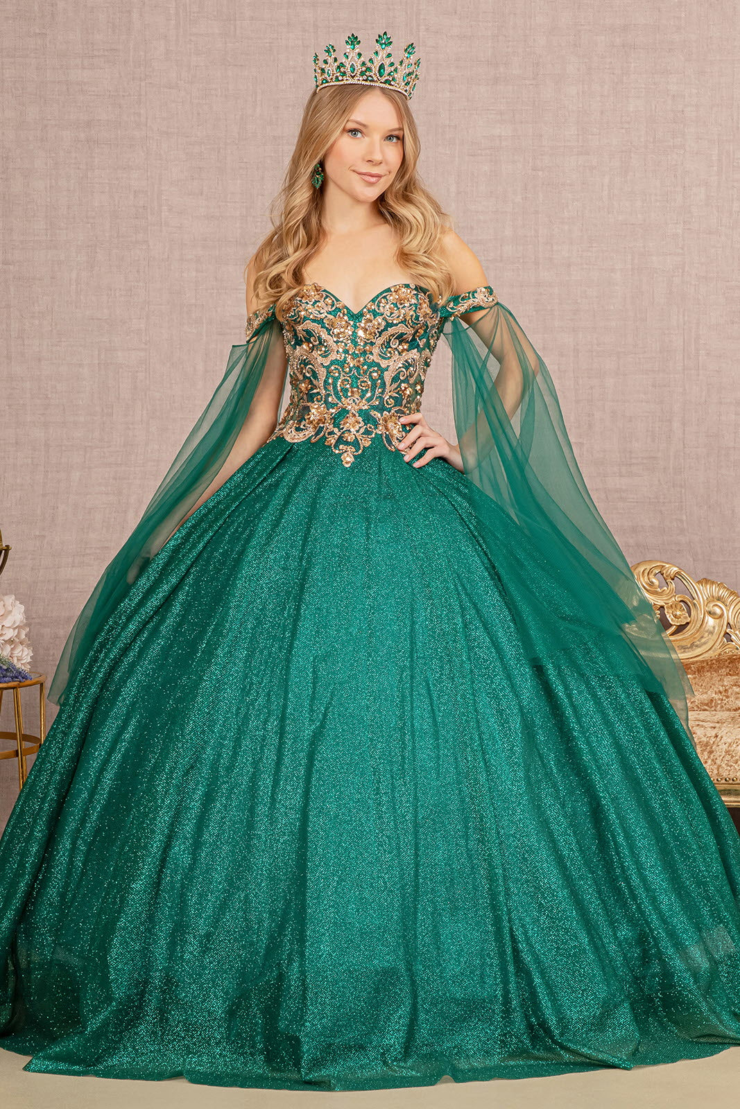 Glitter Sheer Bodice Mesh Ball Gown Detachable Mesh Layers Glgl3139-Clothing - Women-GLSC-XS-EMERALD GREEN-Urbanheer