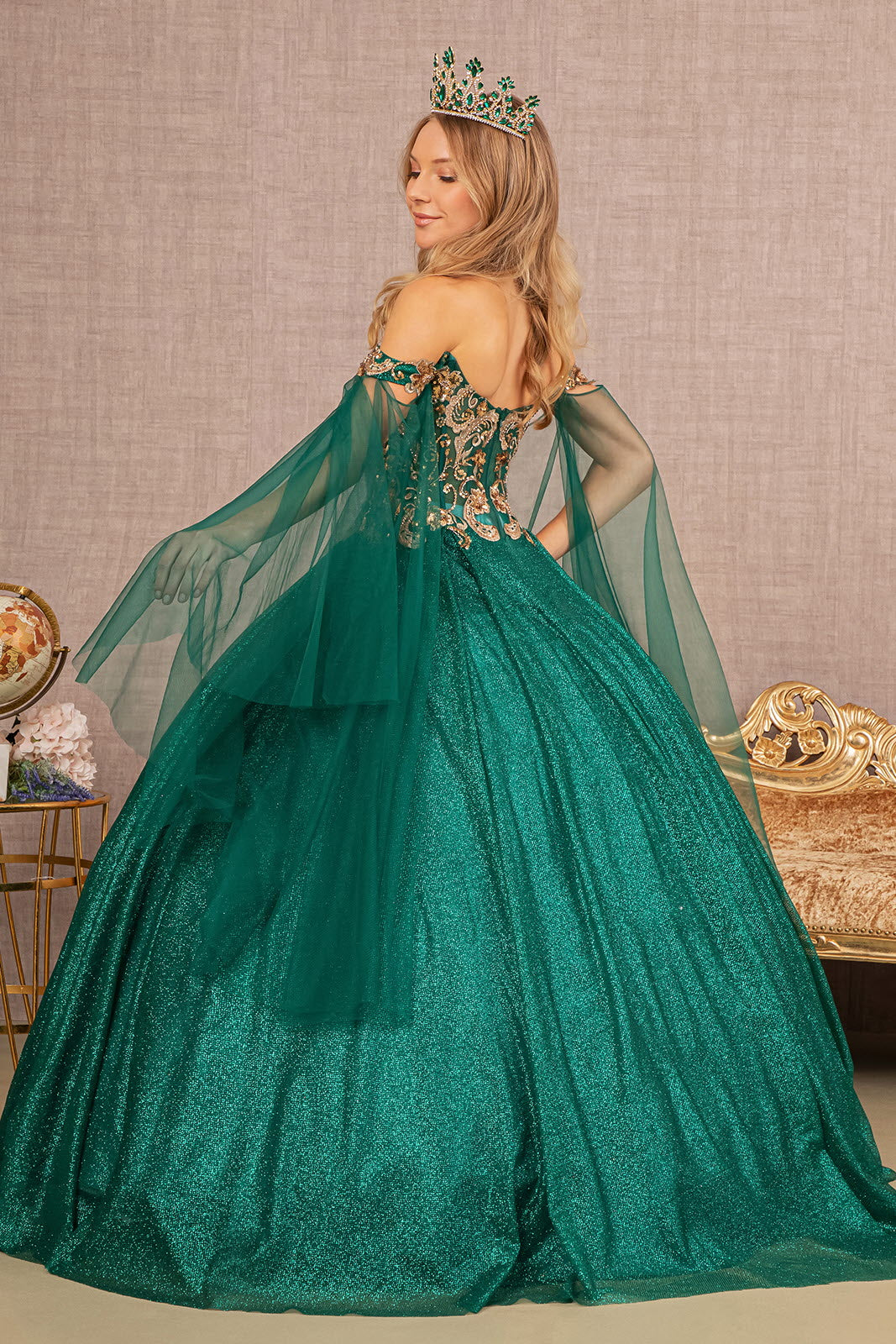 Glitter Sheer Bodice Mesh Ball Gown Detachable Mesh Layers Glgl3139-Clothing - Women-GLSC-XS-EMERALD GREEN-Urbanheer