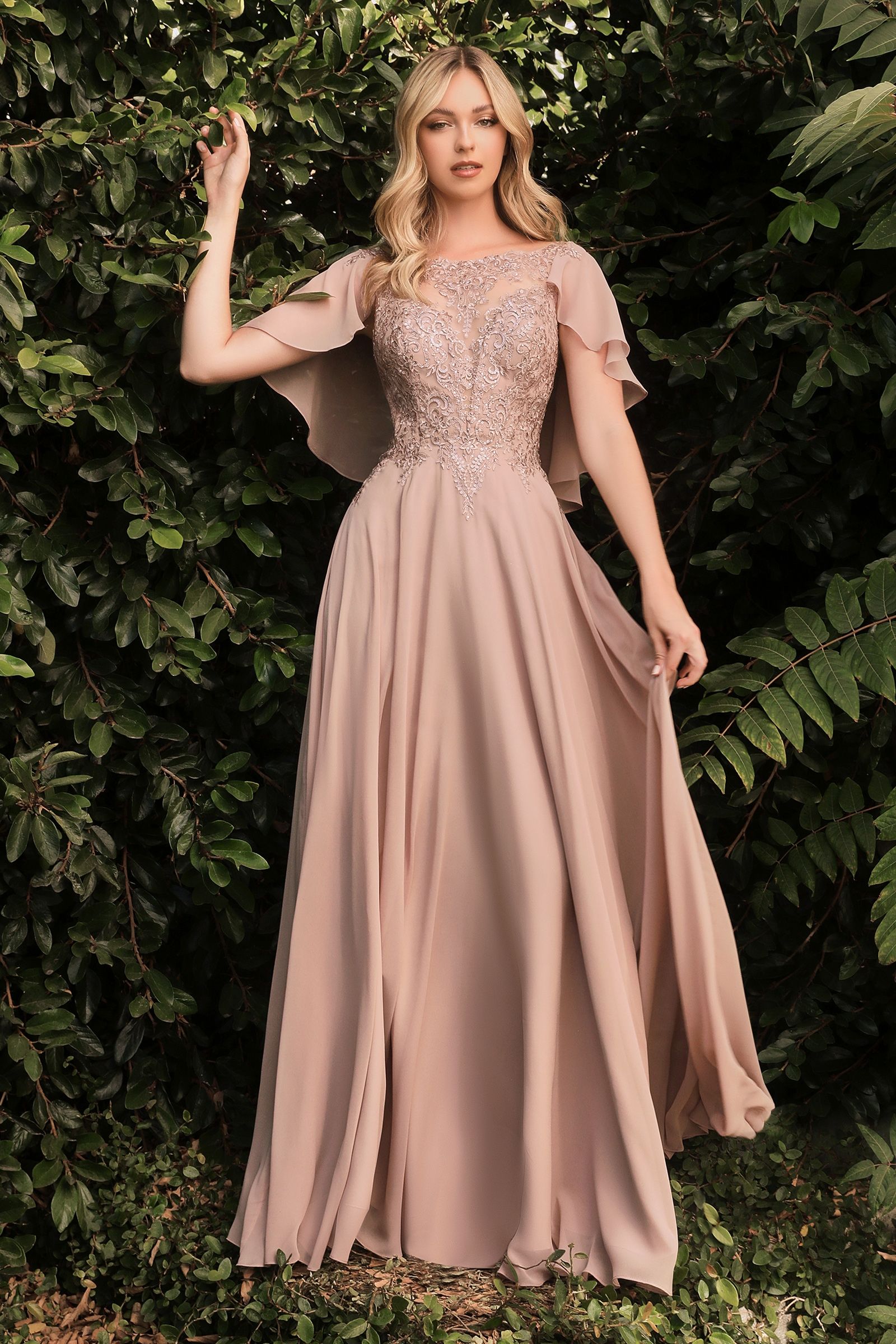 A-Line Chiffon Gown With Caplet-Mob-Tux-USA-6-Mocha-Urbanheer