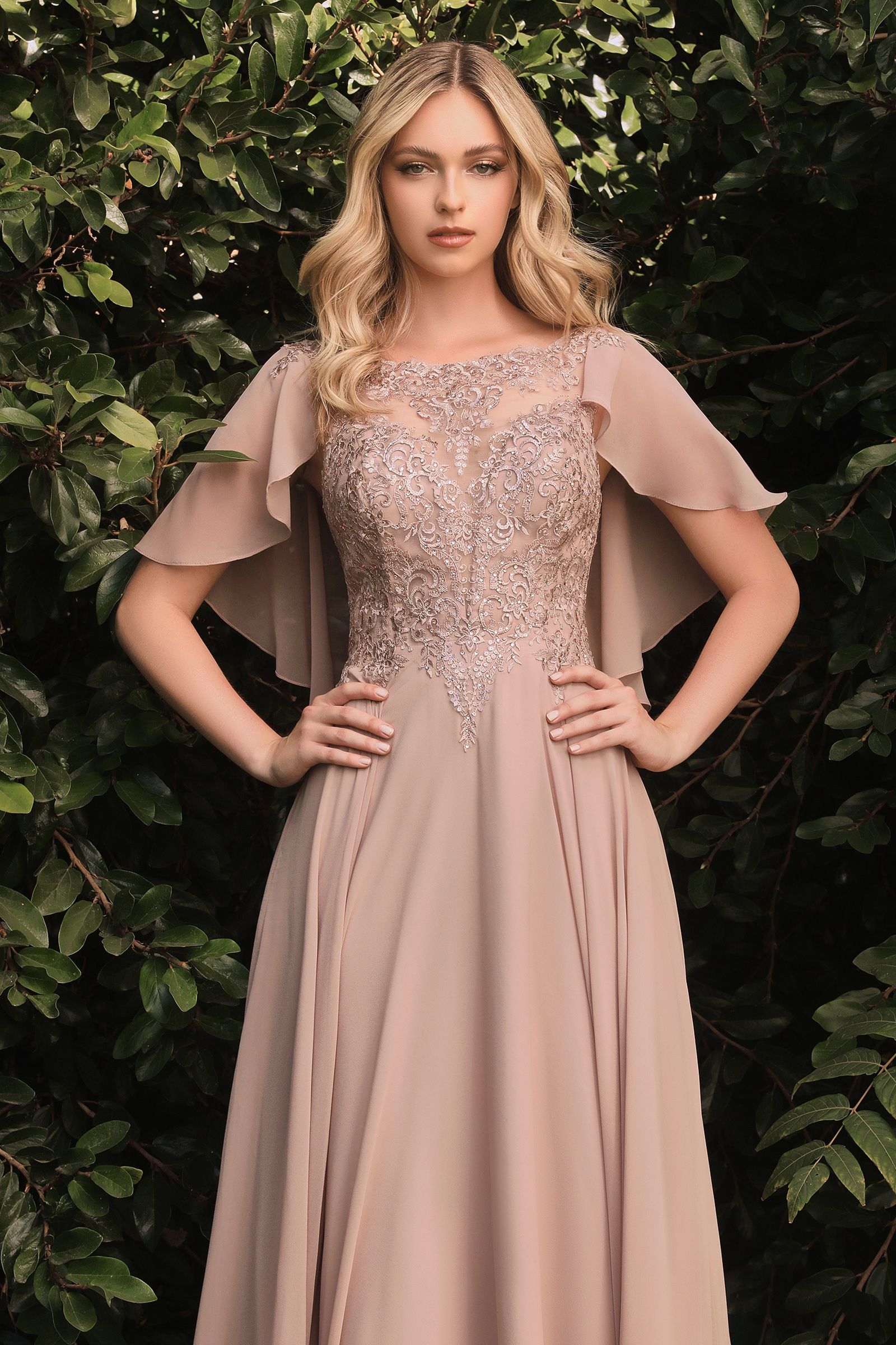 A-Line Chiffon Gown With Caplet-Mob-Tux-USA-6-Mocha-Urbanheer