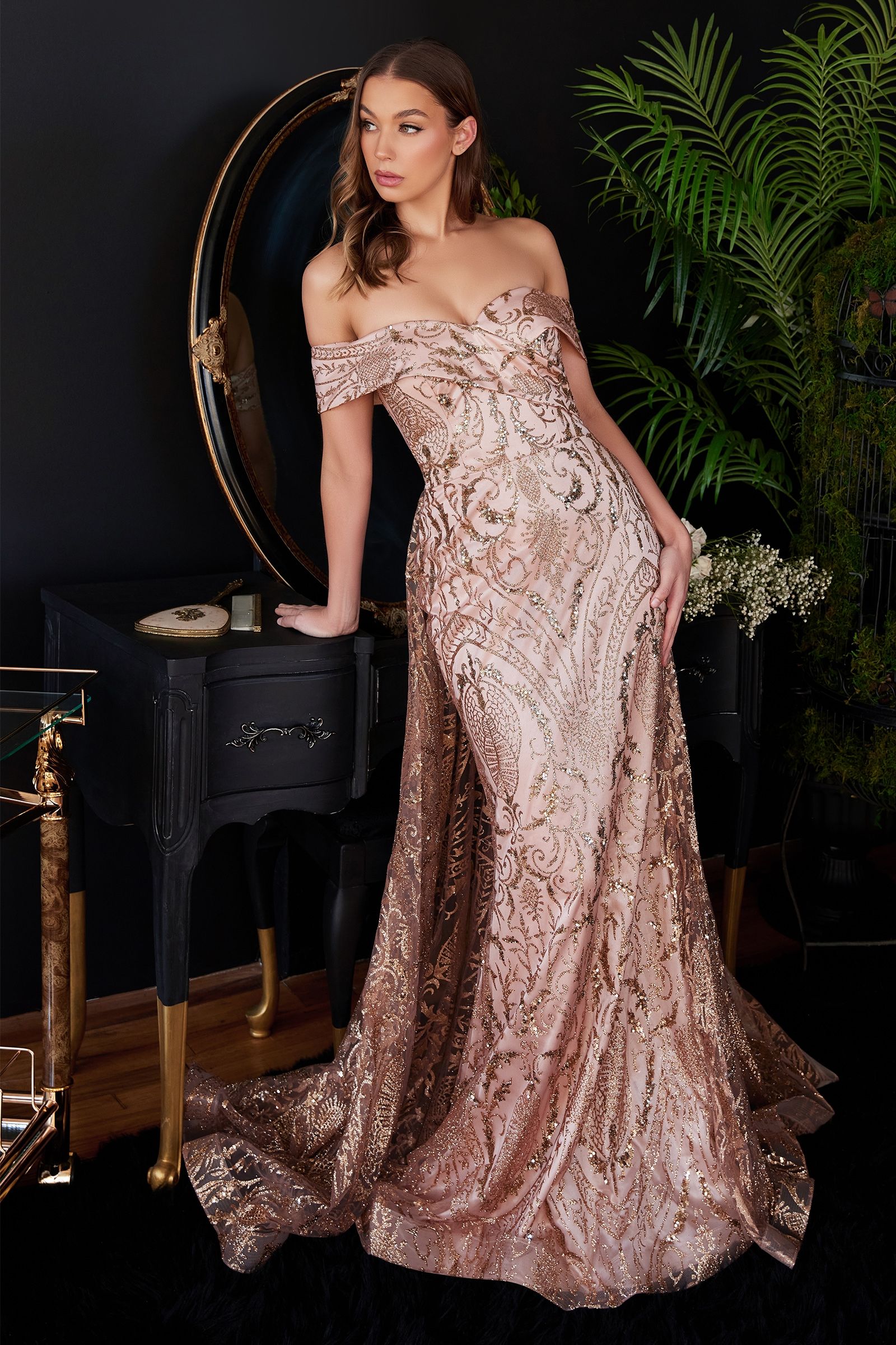 Off The Shoulder Lace Gown With Over Skirt-Evening-Tux-USA-6-Rose Gold-Urbanheer