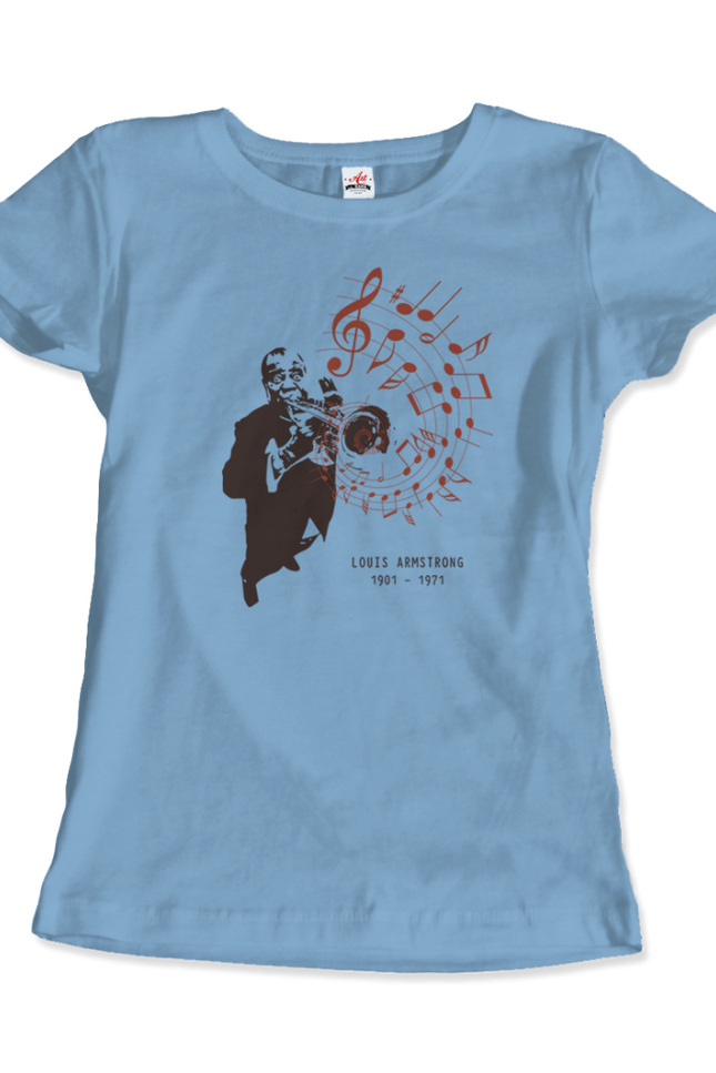 Louis Armstrong (Satchmo) Playing Trumpet T-Shirt-Art-O-Rama Shop-Women (Fitted)-Light Blue-S-Urbanheer
