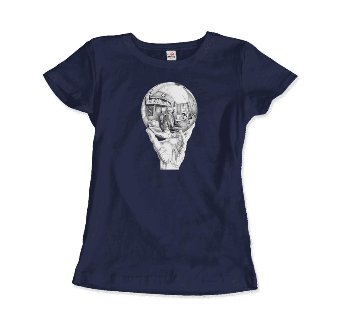 M.C. Escher Hand With Reflective Globe T-Shirt-Art-O-Rama Shop-Men (Unisex)-Navy-S-Urbanheer
