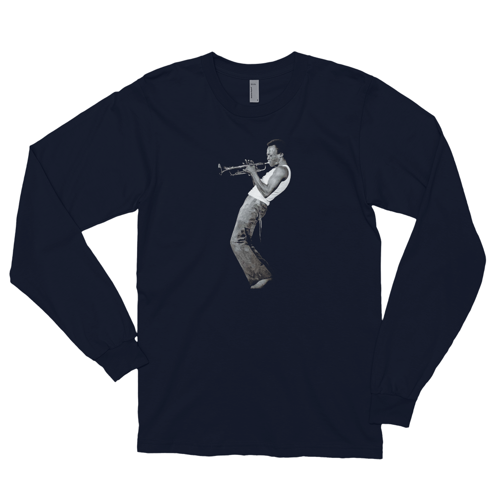 Miles Davis Playing his Trumpet Artwork Long Sleeve Shirt-Art-O-Rama Shop-Navy-Small-Urbanheer