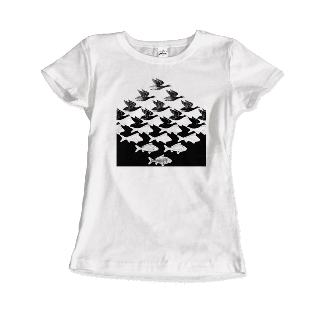 Mc Escher Sky And Water I Art T-Shirt-Art-O-Rama Shop-Women (Fitted)-White-S-Urbanheer