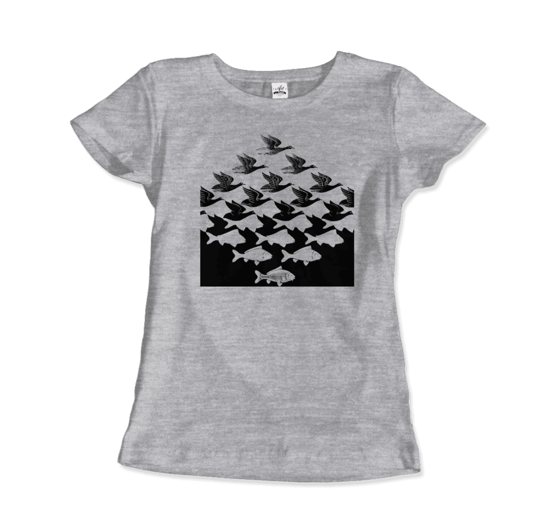 Mc Escher Sky And Water I Art T-Shirt-Art-O-Rama Shop-Women (Fitted)-Heather Grey-S-Urbanheer