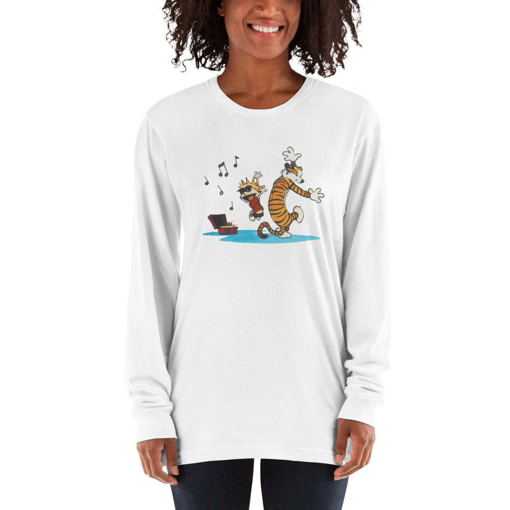 Calvin and Hobbes Dancing with Record Player Long Sleeve Shirt-Art-O-Rama-White-Small-Urbanheer