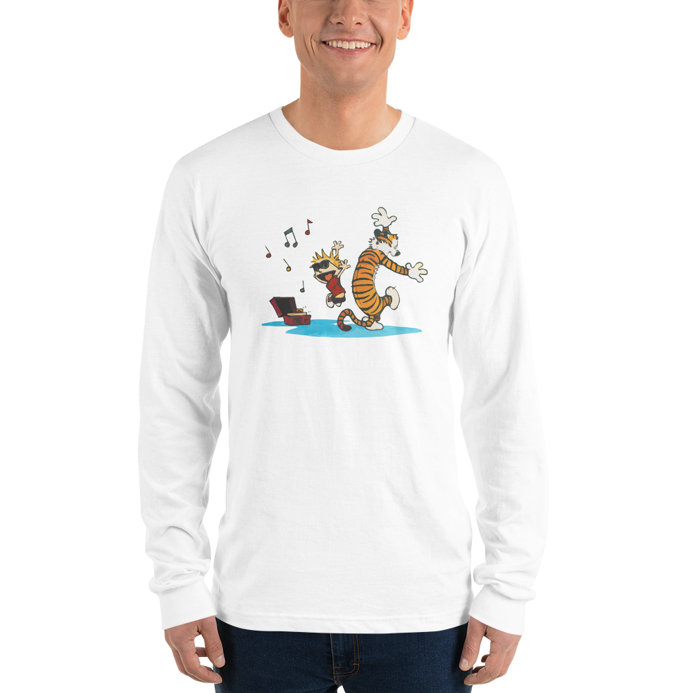 Calvin and Hobbes Dancing with Record Player Long Sleeve Shirt-Art-O-Rama-White-Small-Urbanheer