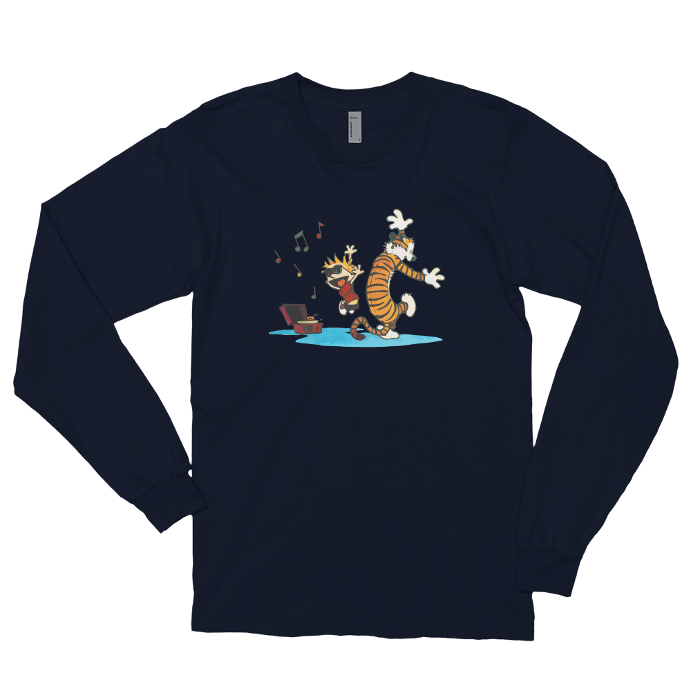 Calvin and Hobbes Dancing with Record Player Long Sleeve Shirt-Art-O-Rama-Navy-Small-Urbanheer
