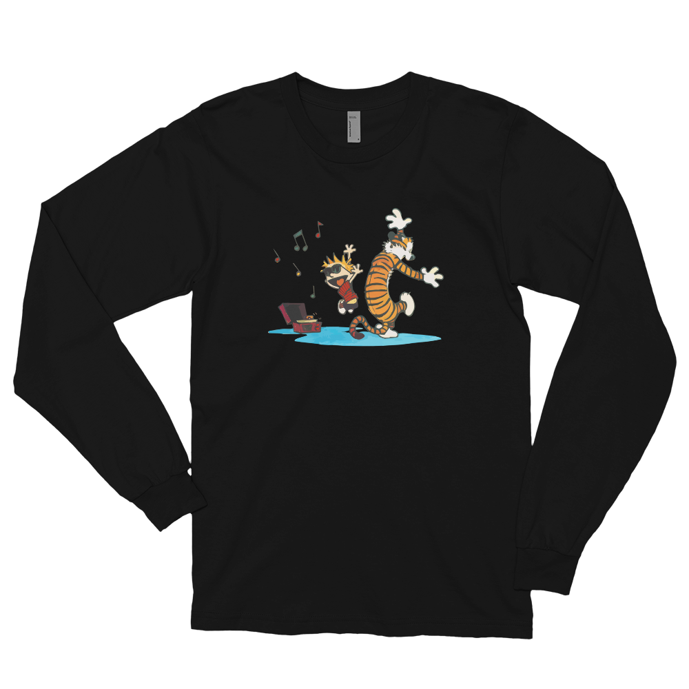 Calvin and Hobbes Dancing with Record Player Long Sleeve Shirt-Art-O-Rama-Black-Small-Urbanheer